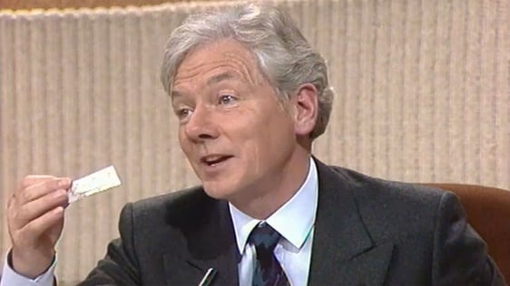 Gay Byrne holds a condom in a wrapper on the 'Late Late Extra' programme (1987).