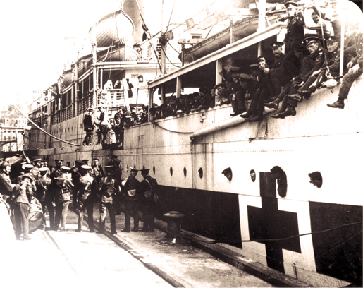 A hospital ship arrives in Halifax. [PHOTO: LIBRARY AND ARCHIVES CANADA—PA214115]